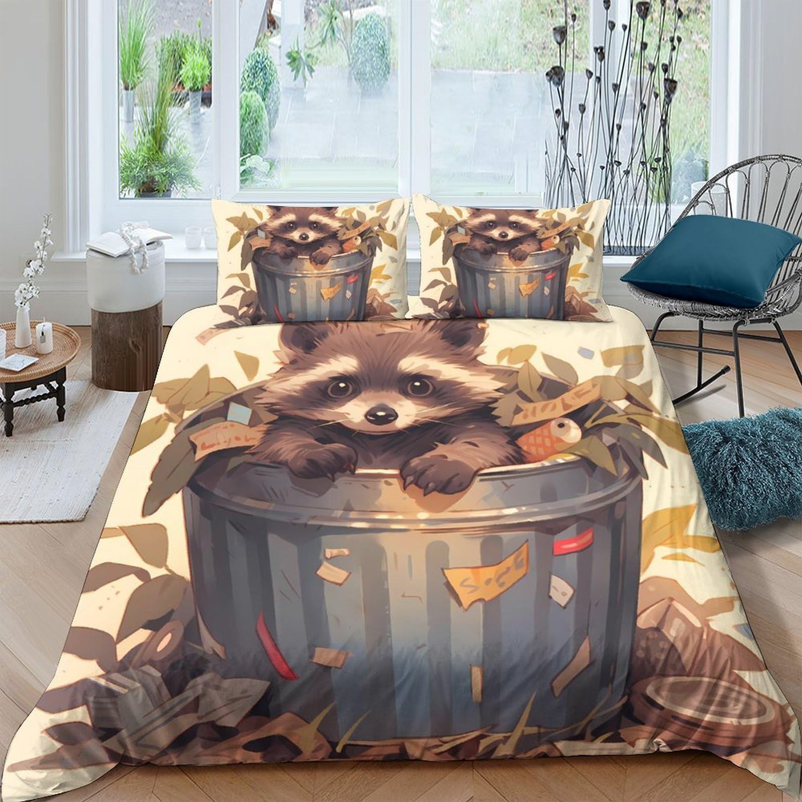 Ctjqhvkz Style-10 3D Printed Raccoon Trash Can Fitted Sheet Microfiber Soft Bedroom Decor Fall Leaves Mattress Cover Single（135X200cm）
