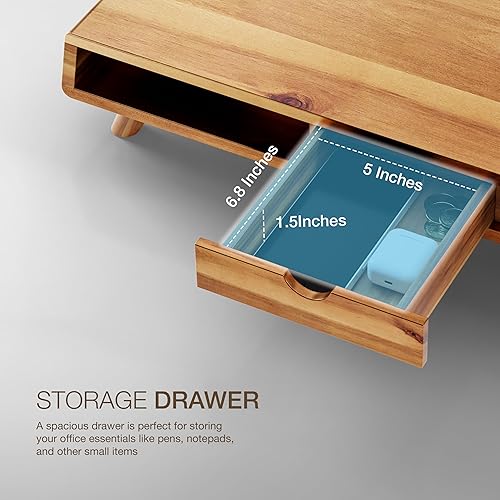 Miniatura 4 de TINAMO Soporte para monitor de madera de acacia con cajón, elevador de monitor de madera para escritorio, soporte de monitor de computadora para