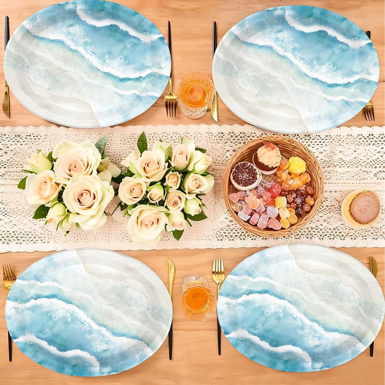 50 Pcs Beach Ocean Oval Paper Plates 10" x 12" Large Heavy Duty Disposable Teal Blue Coastal Beach Plates Coastal Nautical Sea Platters for Wedding Birthday Baby Shower Outdoor Decorations