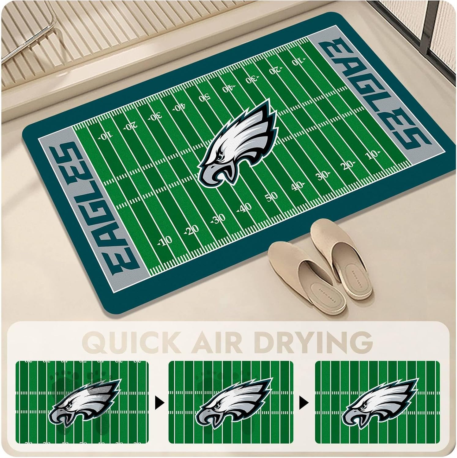 Football Field Design Entry Floor Mat,30" W x 18" H Green Gray Design Non-Slip Rubber Door Mat for Football Sports Fans, Home Decor Area Rug