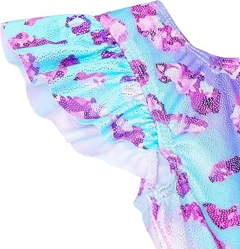 TFJH E Girls Gymnastics Leotards with Shorts Sparkle Athletic Clothes Activewear with Scrunchie Flutter Sleeve