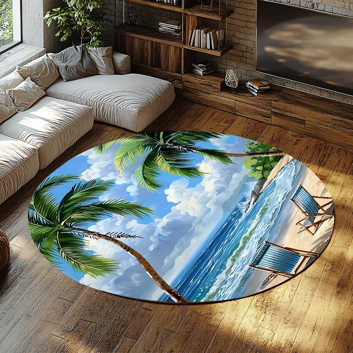 Tapis rond de plage tropicale 200cm lavable à poil bas pour salon et chambre