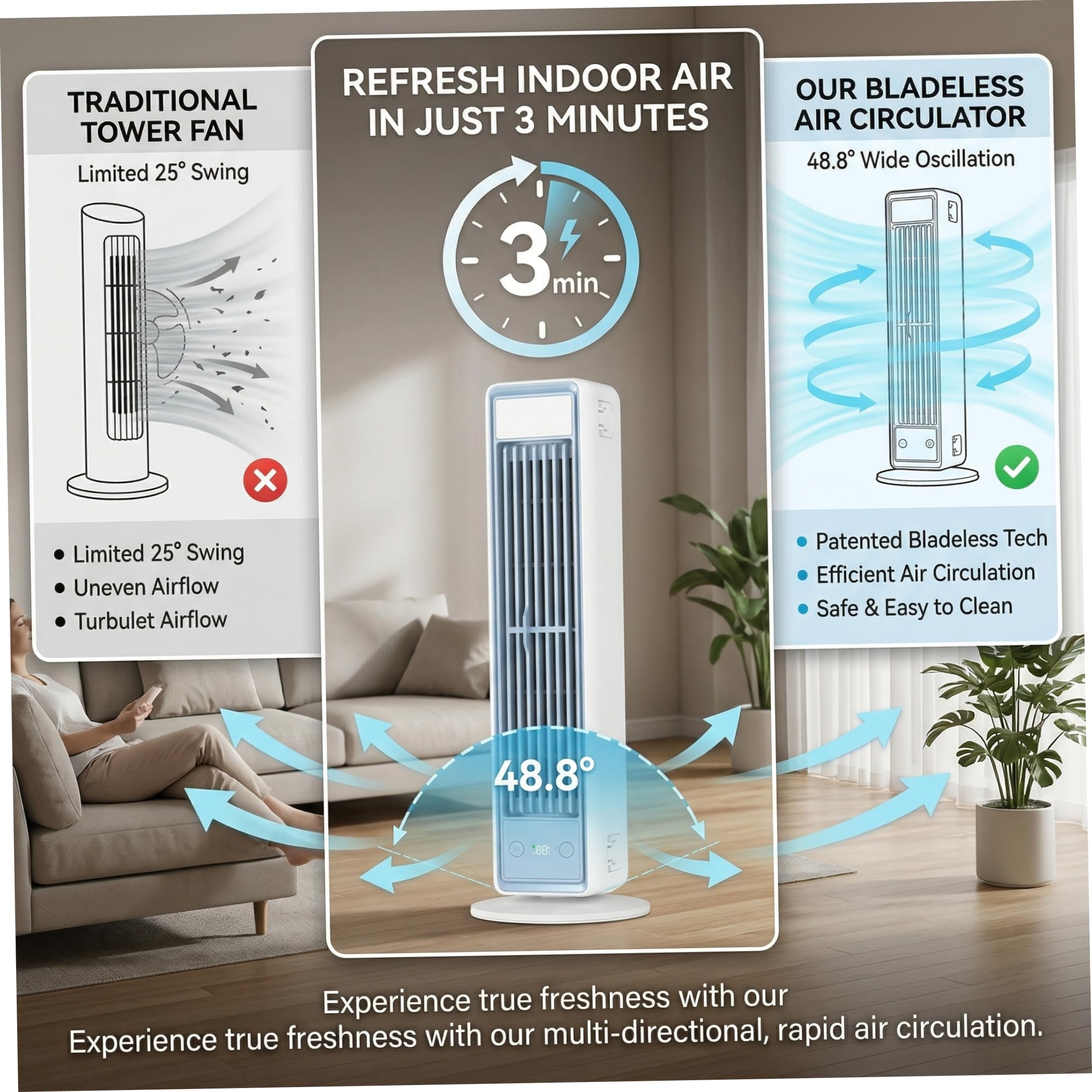 Aire acondicionado portátil pequeño: torre sin aspas con ventilador de CA de 3600 mah con control remoto, soporte/escritorio/montaje en pared 3 en 1, funcionamiento silencioso, 5 velocidades par