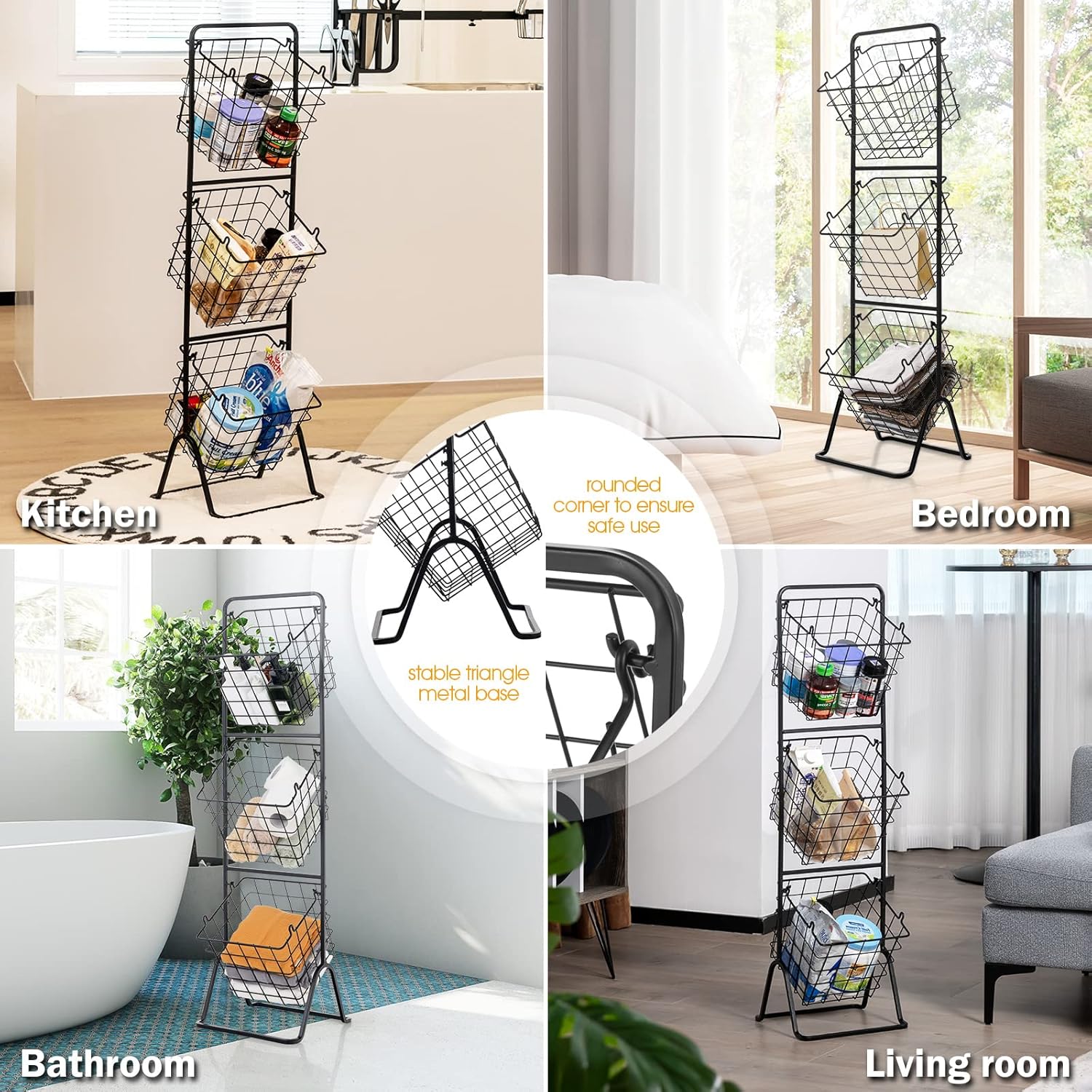 PETSITE Wire Market Basket Stand, 3-Tier Detachable Fruit Vegetables Storage Organizer, Multifunctional Household Organization Shelf for Kitchen Bathroom Office Pantry Floor Stand