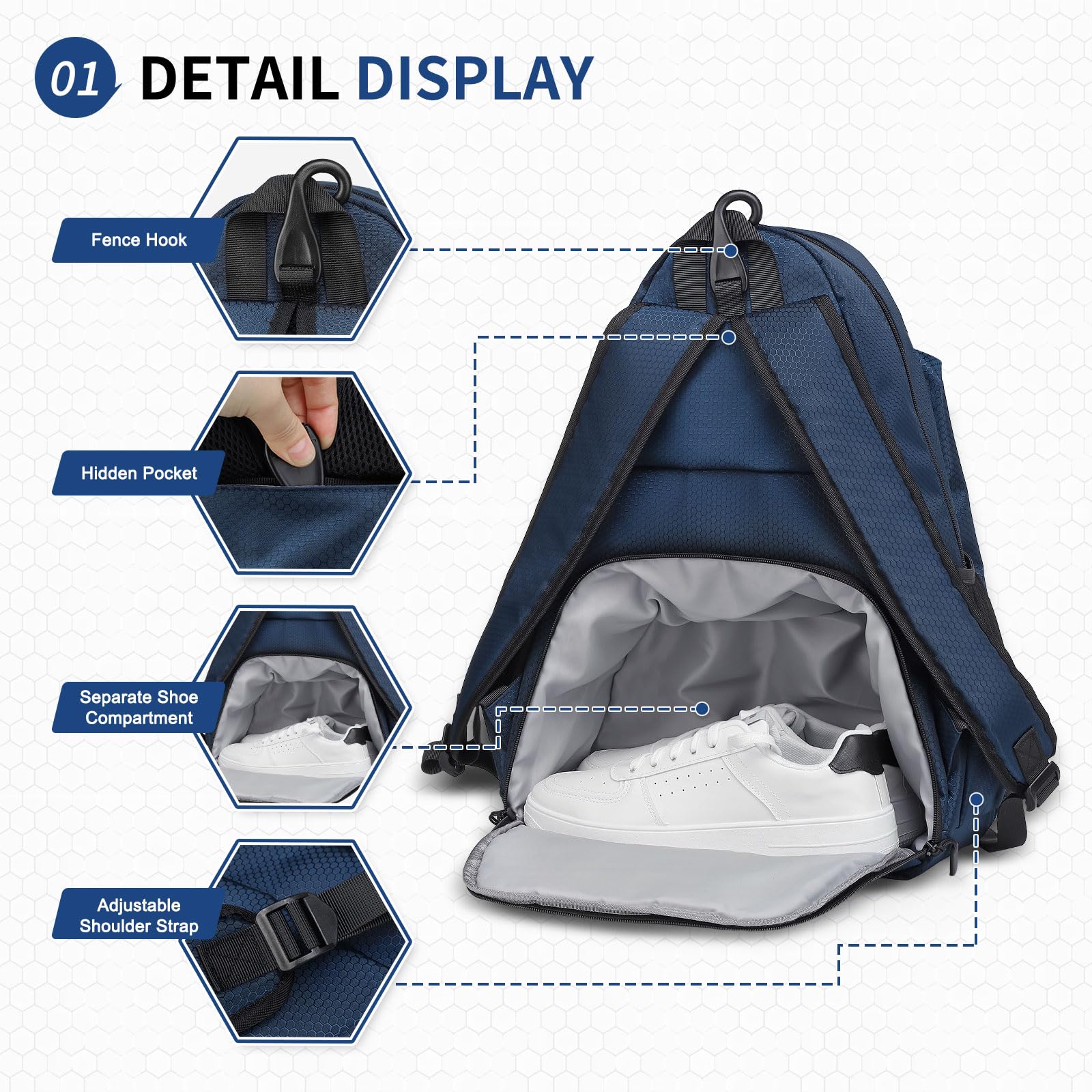 Tennis Backpack for Rackets, Waterproof Tennis Bag with Shoe Compartment, Wet/Dry Pocket, Fence Hook, for Tennis, Pickleball, Badminton