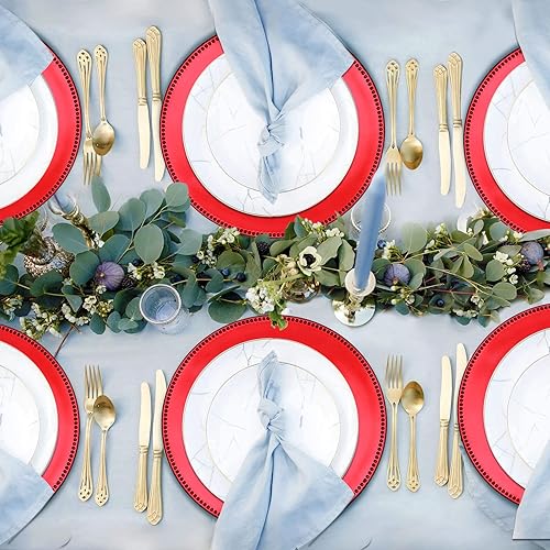 Miniatura 3 de Platos de carga de cuentas rojas metálicas de 13 pulgadas, juego de 10 platos de carga redondos de plástico a granel para bodas, cenas, bodas,