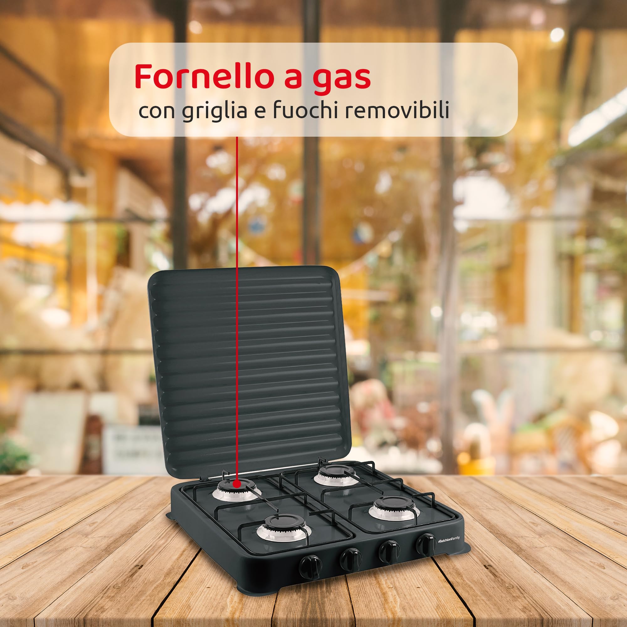 Melchioni Family | Fornello a Gas Modello MINERVA NEW, Quattro Fuochi, Colore Nero, per Utilizzo Esterno, con Griglia e Fuochi Rimovibili e Coperchio