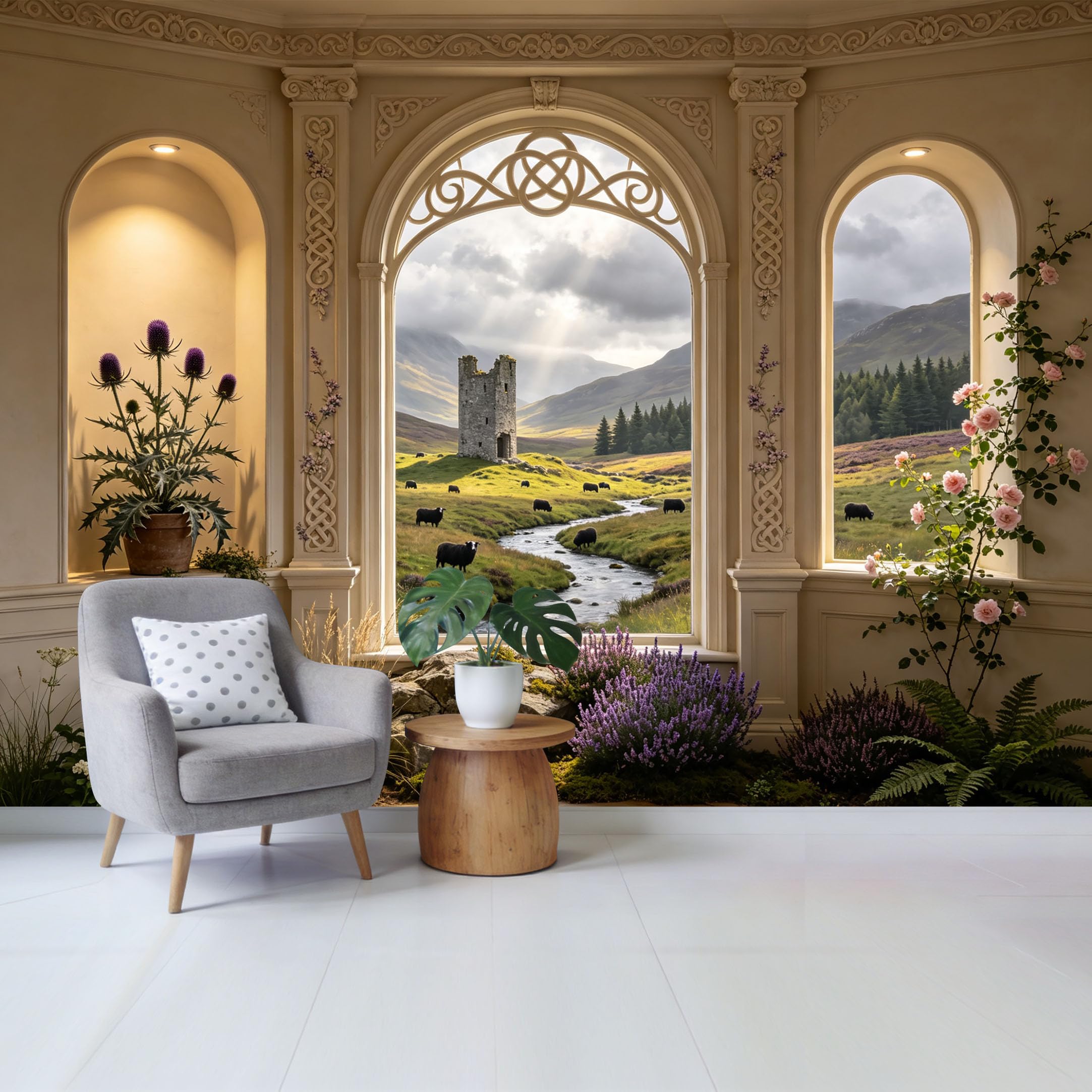 Removable Self Adhesive Fabric Mural， Highland Castle Landscape Custom Size Wall Covering， UV Protected Waterproof Washable Wall Decor for Living Room Bedroom Bathroom