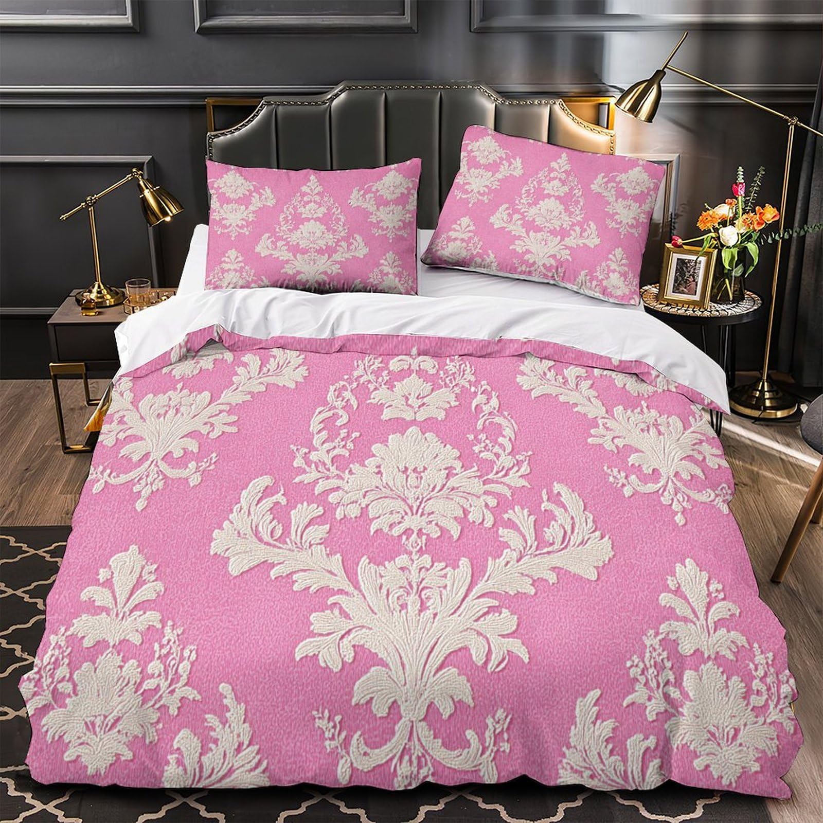 Parure de lit King 220x240cm microfibre avec taies à motif rose baroque