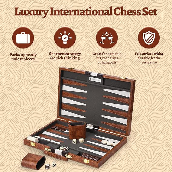 Backgammon Set, Backgammon Set with Premium Leather Case,11 inch backgammon board game with Acrylic Playing Pieces & Wooden Dice Cups,Portable and backgammon travel sets for Adults and Kids