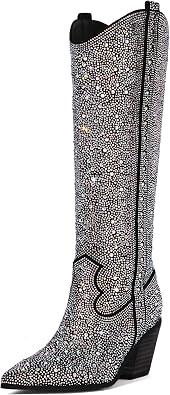 MUCCCUTE Womens Rhinestone Mid Calf Boots Sparkly Block Heel Cowboy Boots Glitter Boots