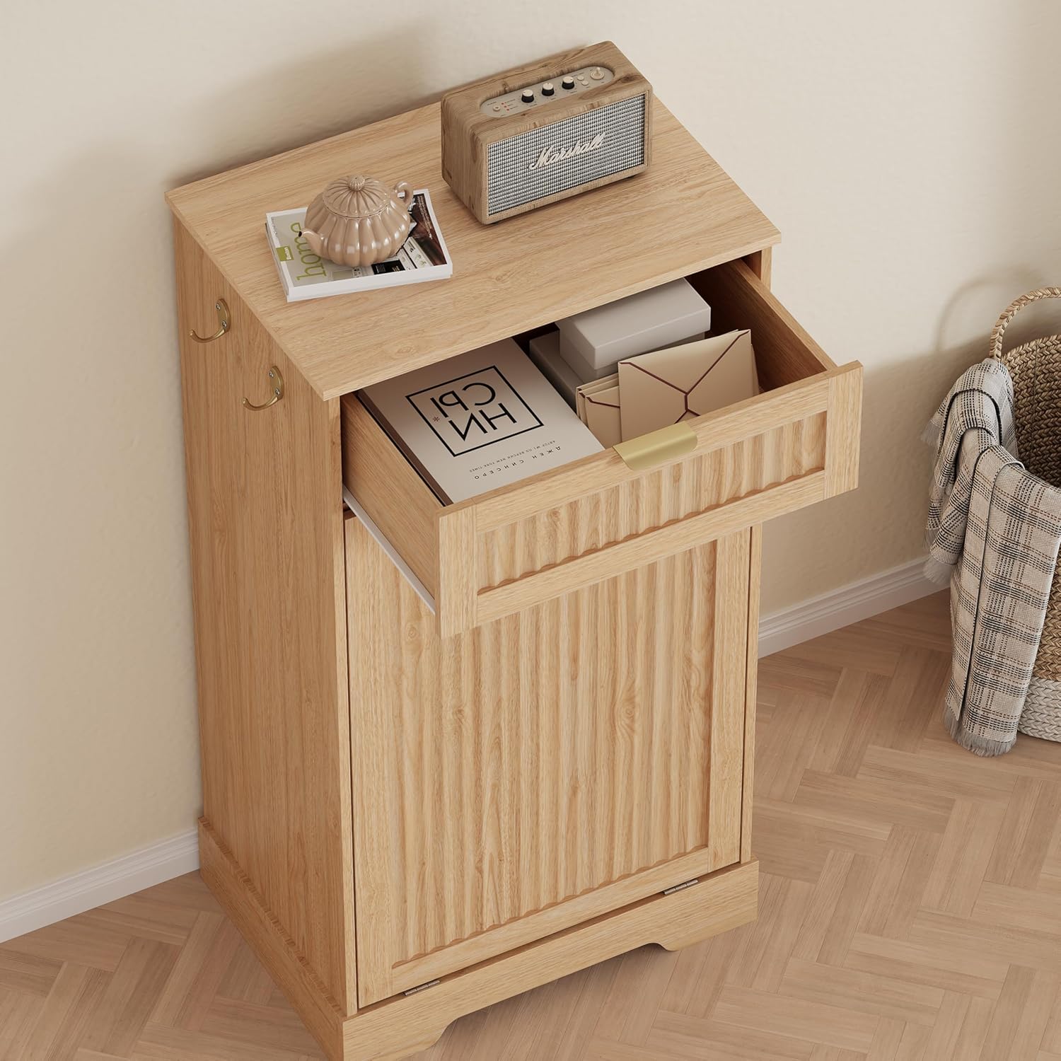 13 Gallons Tilt Out Trash Can Cabinet, Wooden Fluted Trash Cabinet with Drawers, Hidden Garbage Laundry with Hooks for Kitchen Living Room, Natural Oak