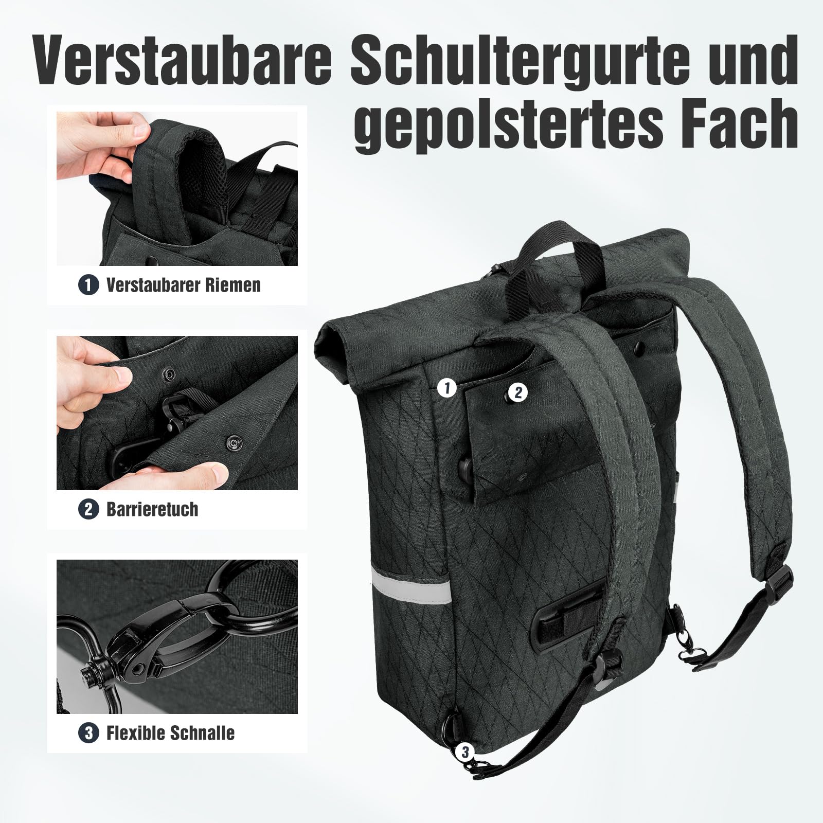 Fietstas voor bagagedrager, 22 Liter, fietstas, rugzak voor Heren, meerdere bagagedragertas met laptopvak, 2-in-1 fietstas, rugzak Combi, reflecterend (Zwart)