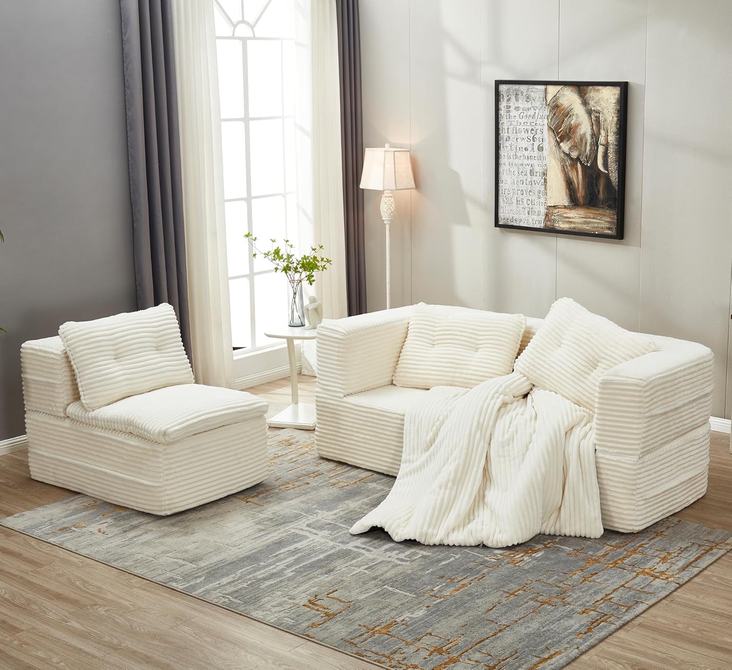 80" King Size Convertible Sectional Sofa Bed, 3-in-1 Folding Floor Couch with Convertible Chaise Lounge, Plush Corduroy Sleeper Sofa for Living Room and Bedroom, No Assembly Required (Beige)