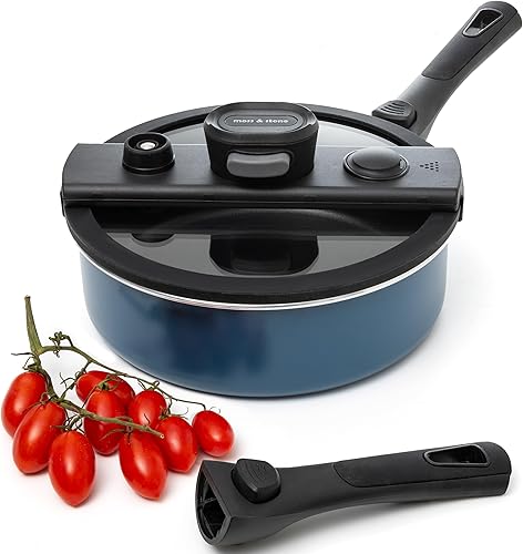 Moss & Stone Utensilios de cocina de micro presión de 2.3 cuartos de galón con mango desmontable y tapa de vidrio de operación con una sola mano,