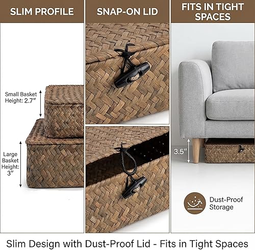 Miniatura 8 de Elsjoy 2 Pack Flat Seagrass Storage Bins with Lid, Wicker Woven Storage Basket Set, Rattan Organizer Bins for Shelf, Closet, Bedroom