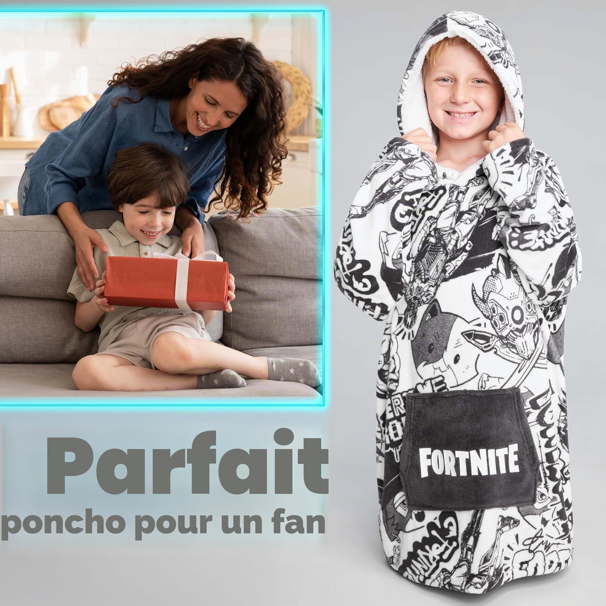 Fortnite Pull Plaid Chaud à Capuche Oversize Garçon et Ado 14+ Poncho Polaire Pull Couverture Portable Extra Longue Cadeau Gamer