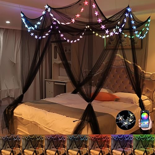 Bed Canopy with LED Star Lights, Canopy Bed Curtain with RGB Color Changing String Lights with Smart App Control Remote for Princess Girls Bedroom, Suggested for Twin Full Queen King Bed
