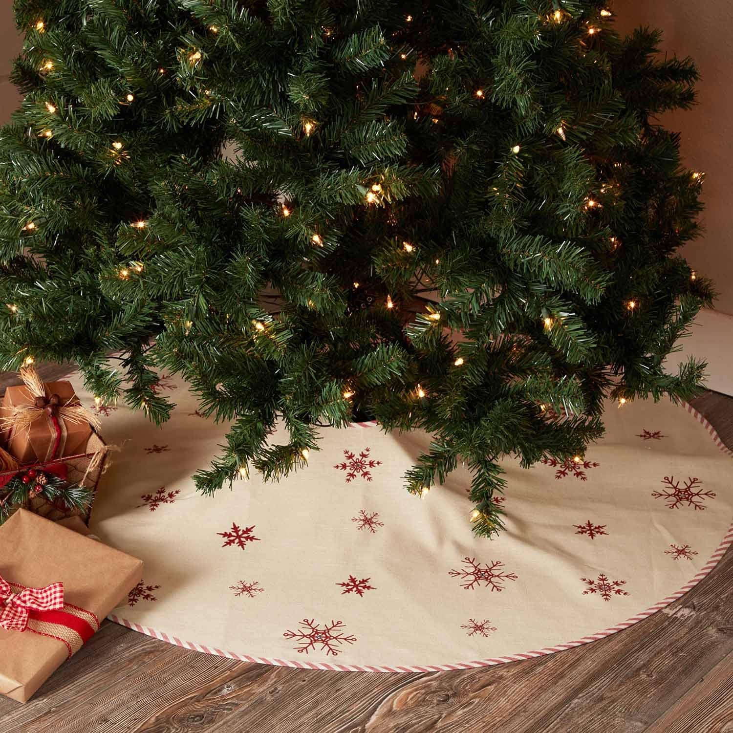 Market Place Natural Snowflake Christmas Tree Skirt, 48" Diameter, Stencilled Red Snowflakes w/Crystal Accents for Holiday Sparkle, Red Ticking Stripe Trim
