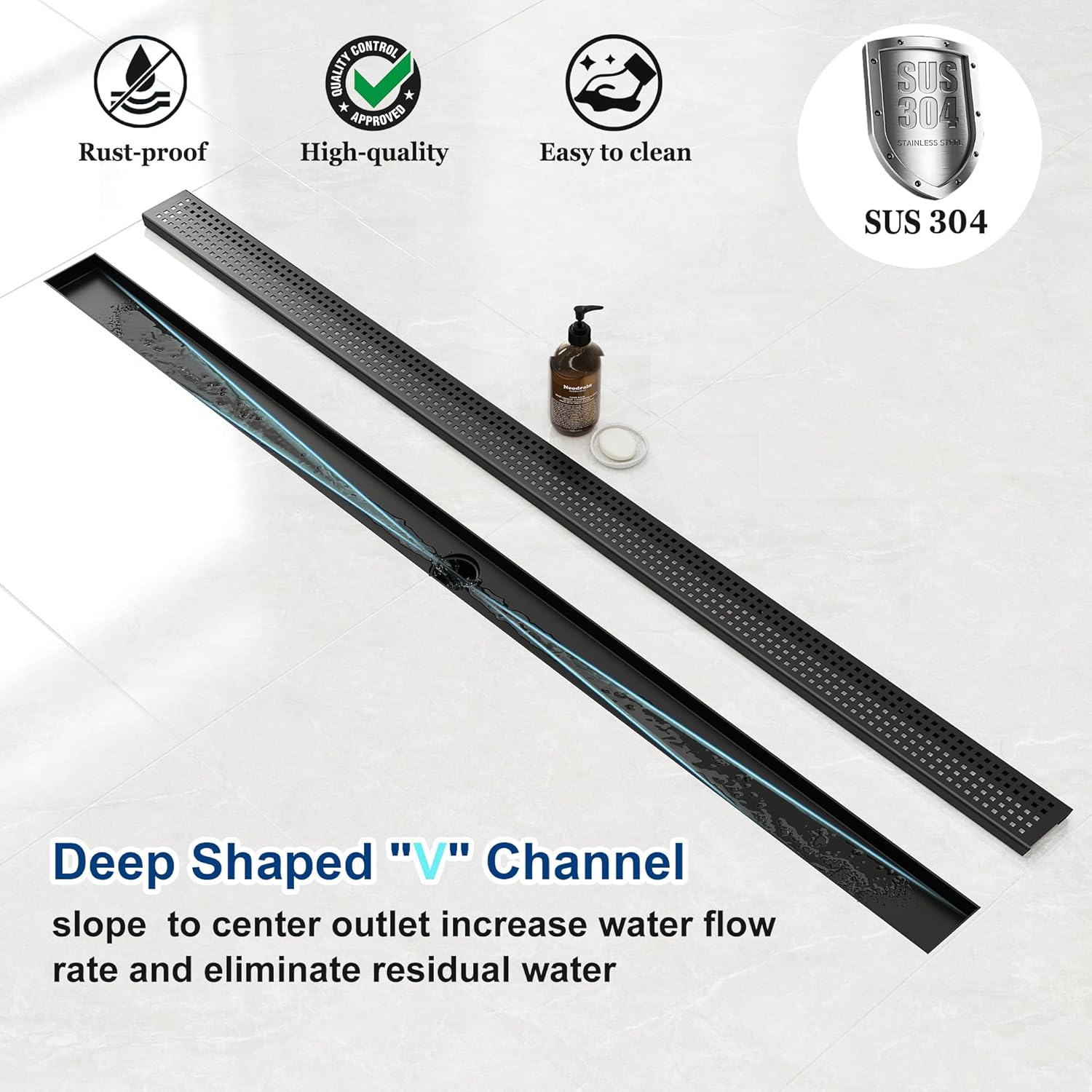 Neodrain 60-Inch Black Linear Shower Drain with Removable Quadrato Pattern Grate,Professional 304 Stainless Steel Rectangle Shower Floor Drain Manufacturer,Leveling Feet,Hair Strainer,Matte Black