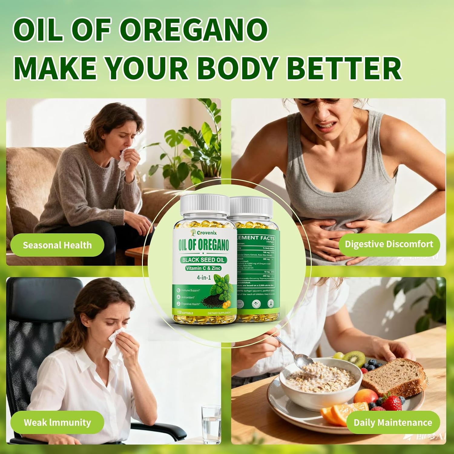 300 Count Organic Oregano Oil Softgels with Black Seed Oil, Wild Oregano Supplement, High Carvacrol & Thymoquinone, 2 Pack - Image 8