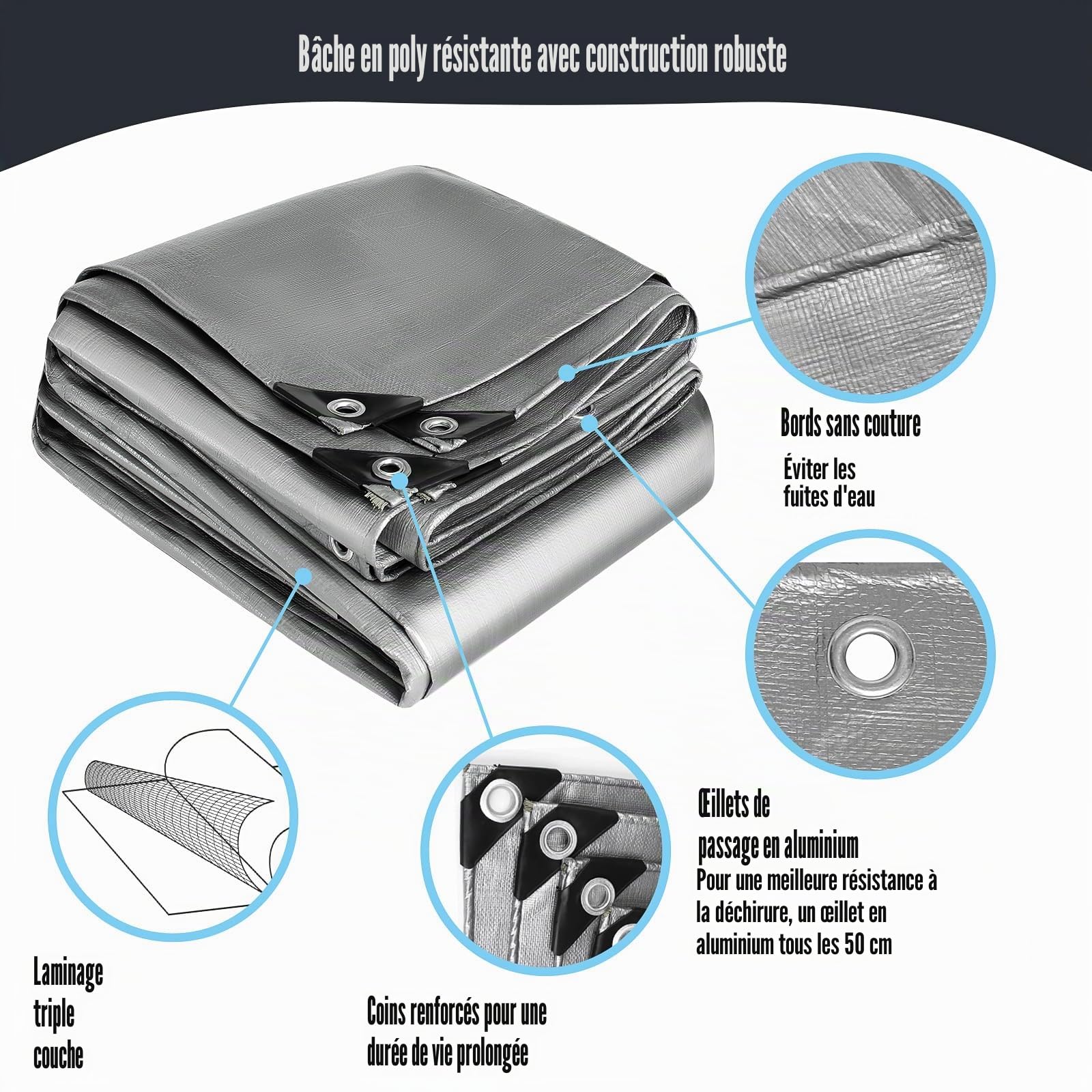 Bâche avec œillets - 260 g/m² - Imperméable - Protection - Bâche tissée - Universelle - Résistant à la déchirure - Résistant aux UV - Pour meubles de jardin, trampoline, toit, voiture, camion, bois