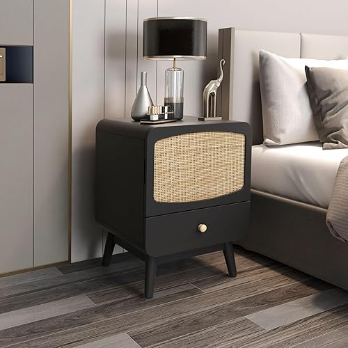Miniatura 3 de Meihua Mesita de noche de ratán, mesa auxiliar bohemia con cajón decorado de ratán hecho a mano, mesa auxiliar moderna para dormitorio, sala de