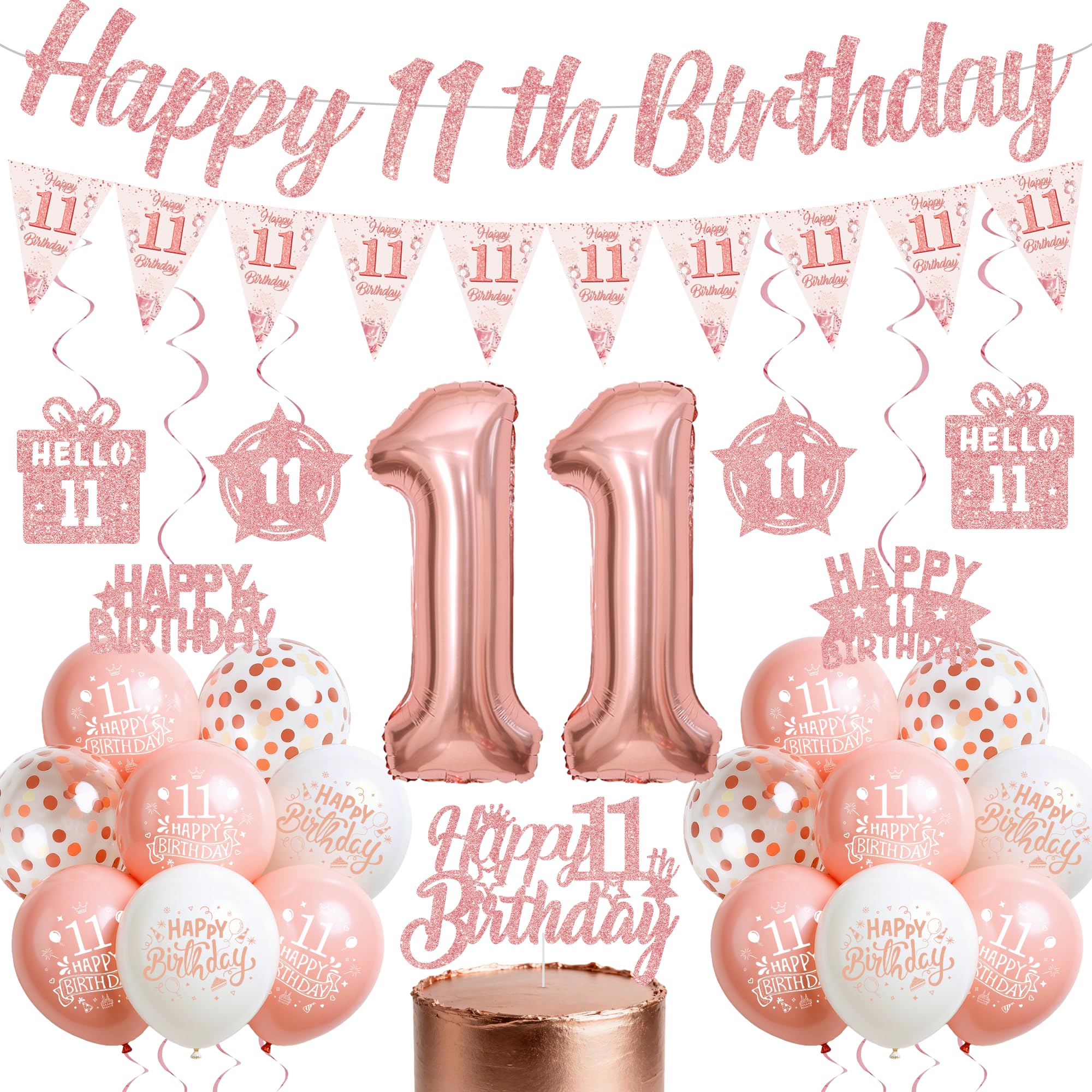 11th Birthday Decorations for Girls, Rose Gold 11 Years Old Party Supplies