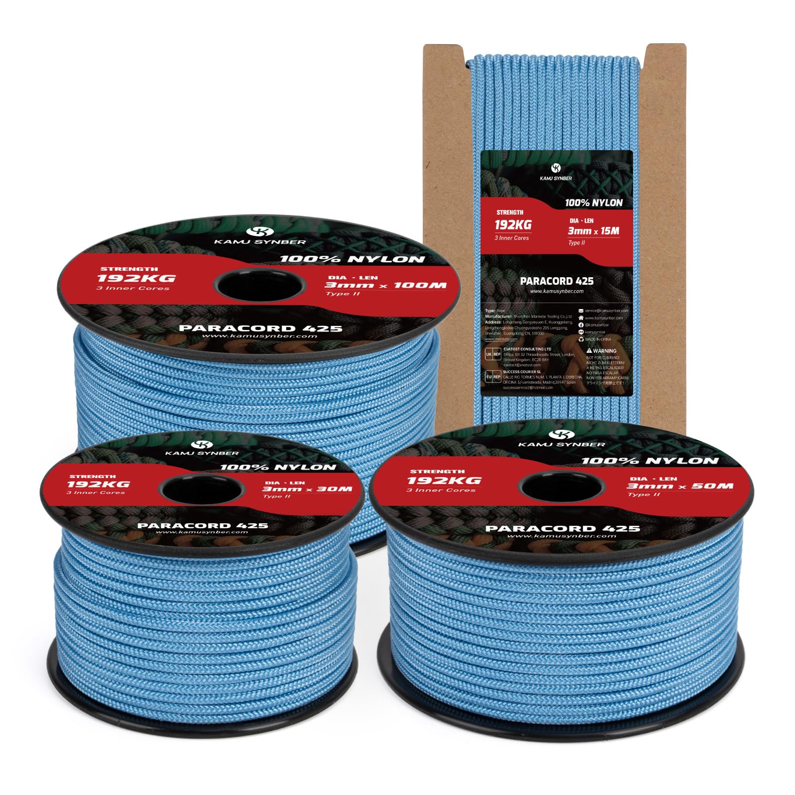 Kamu Synber 425 Paracord 3mm x 50m 100% Nylon Rope 3 Strands Parachute Cord Type II for Outdoor, Crafting, DIY | Support 192kg | Sky Blue