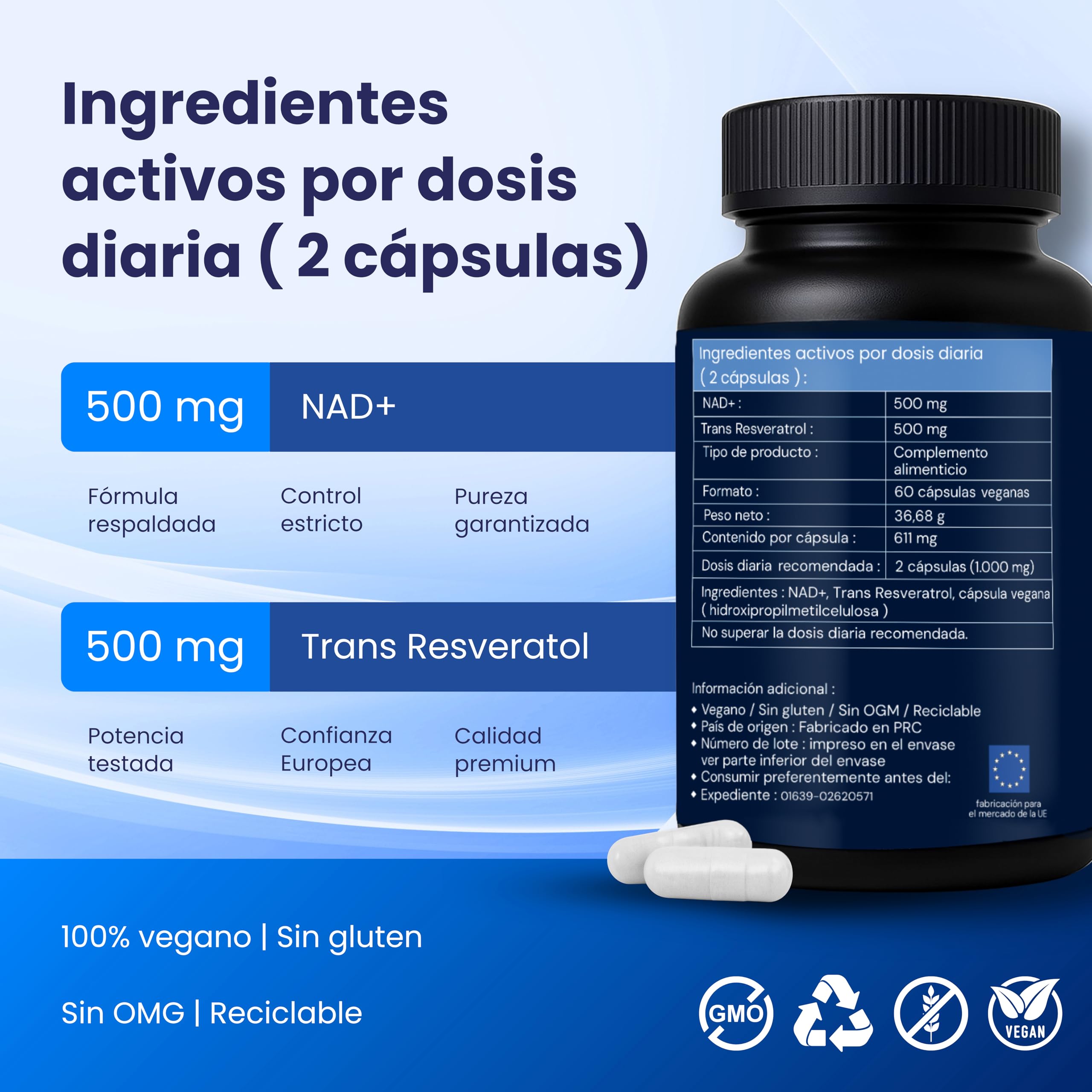 Nad Resveratrol Puro 1000mg, 60 Cápsulas veganas, 500mg NAD + 500mg Trans-Resveratrol, Energía Celular, Antioxidante, Sin Gluten, Sin OGM, sin GMO - Apoyo Mitocondrial, Cognición, Antiedad