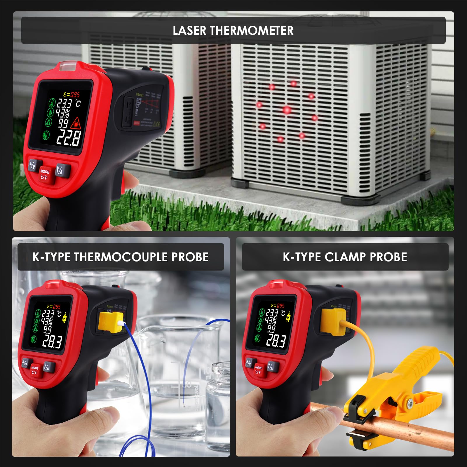 Termometro a infrarossi laser professionale -50°C a 850°C con termocoppia a pinza tipo K, senza contatto per temperatura in cucina, HVAC, industria