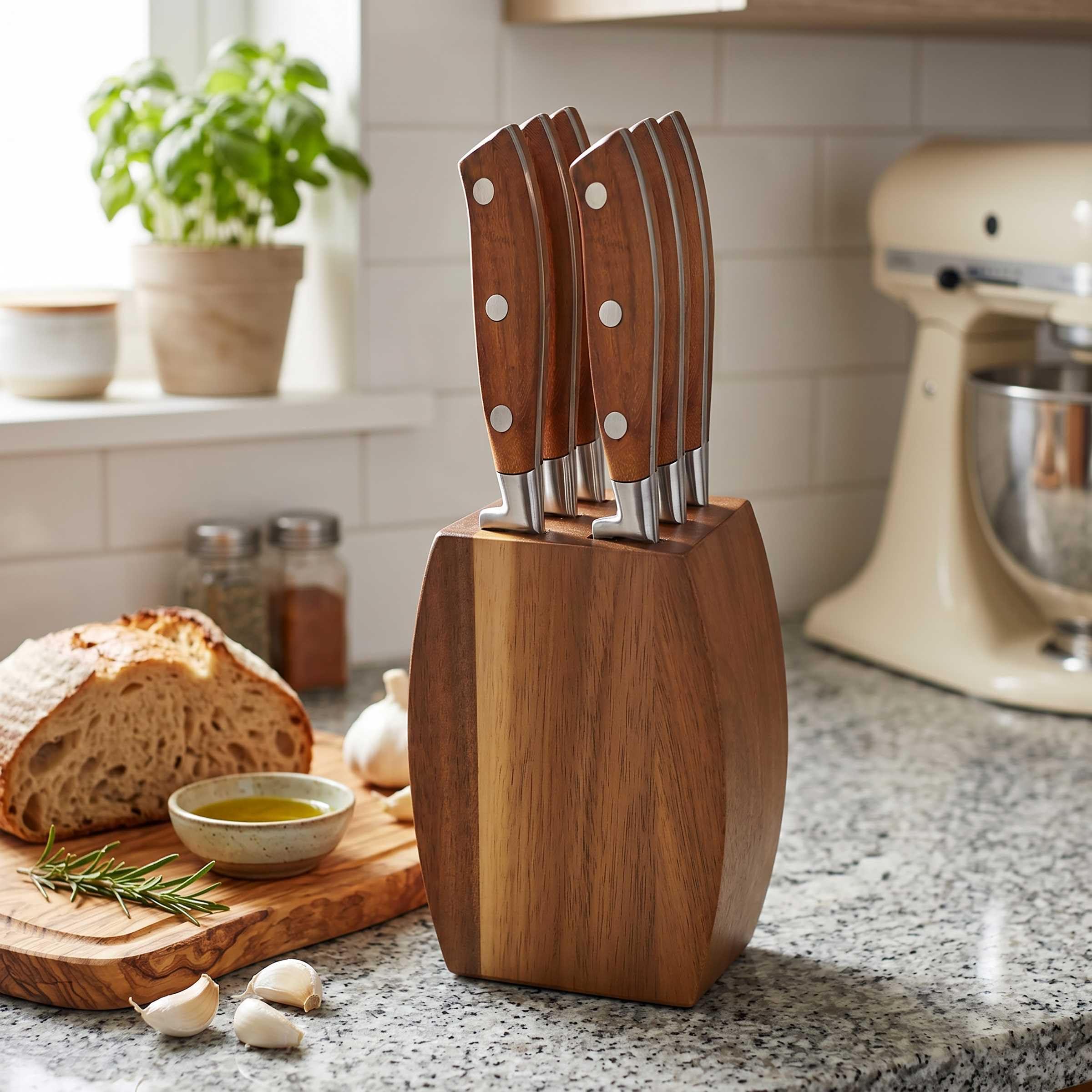 SABATIER TROMPETTE - Set 5 couteaux de cuisine : Office, Utile, Santoku, Chef, Pain et bloc avec 6 couteaux steak assortis - Ryokan - Acier 5CR15MOV finition satinée manche Bois de frêne - Bois