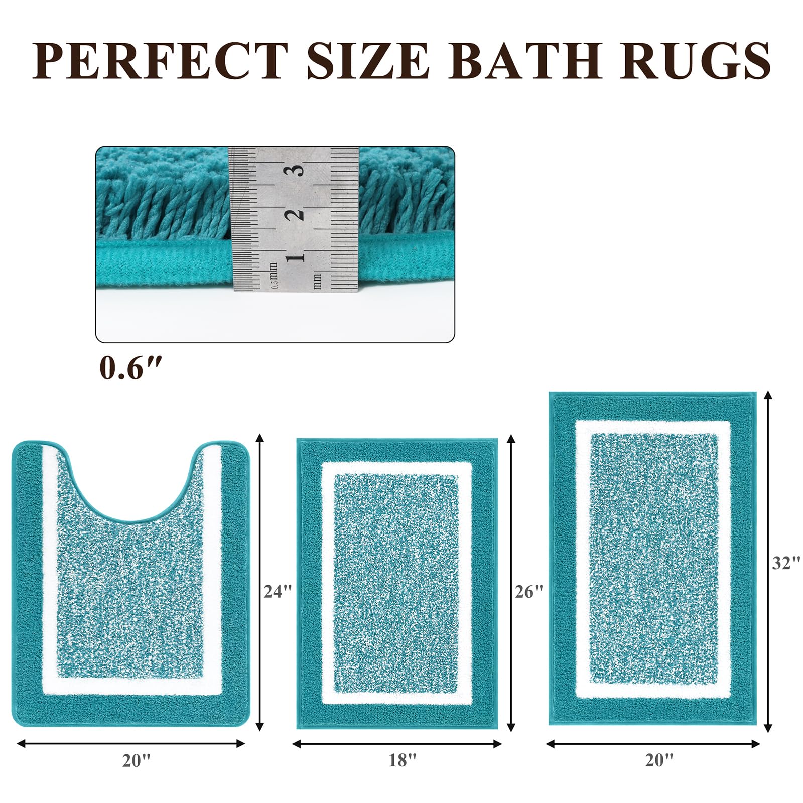 Pauwer Badezimmer-Set, 3-teilig, Duschteppiche mit U-förmiger Matte, saugfähige Mikrofaser-Plüschmatten, rutschfest, maschinenwaschbar, zottelig, aquablau