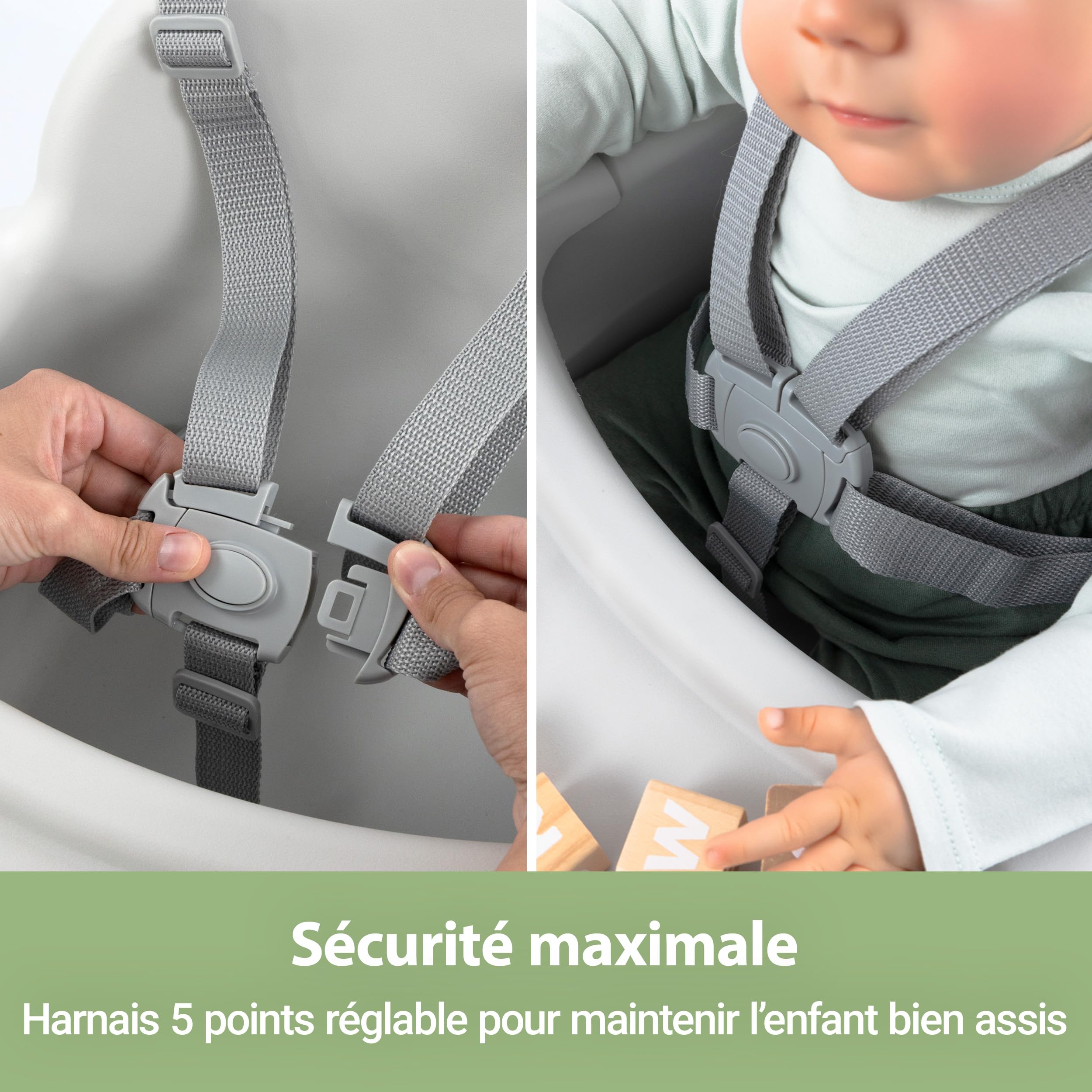 Seggiolone Pappa per bambini dai 6 mesi | sediolone leggero (3,5 kg) con effetto legno, vassoio rimovibile e cintura a 5 punti | testato EN 14988:2017, antiribaltamento, fino a 15 kg – Grigio