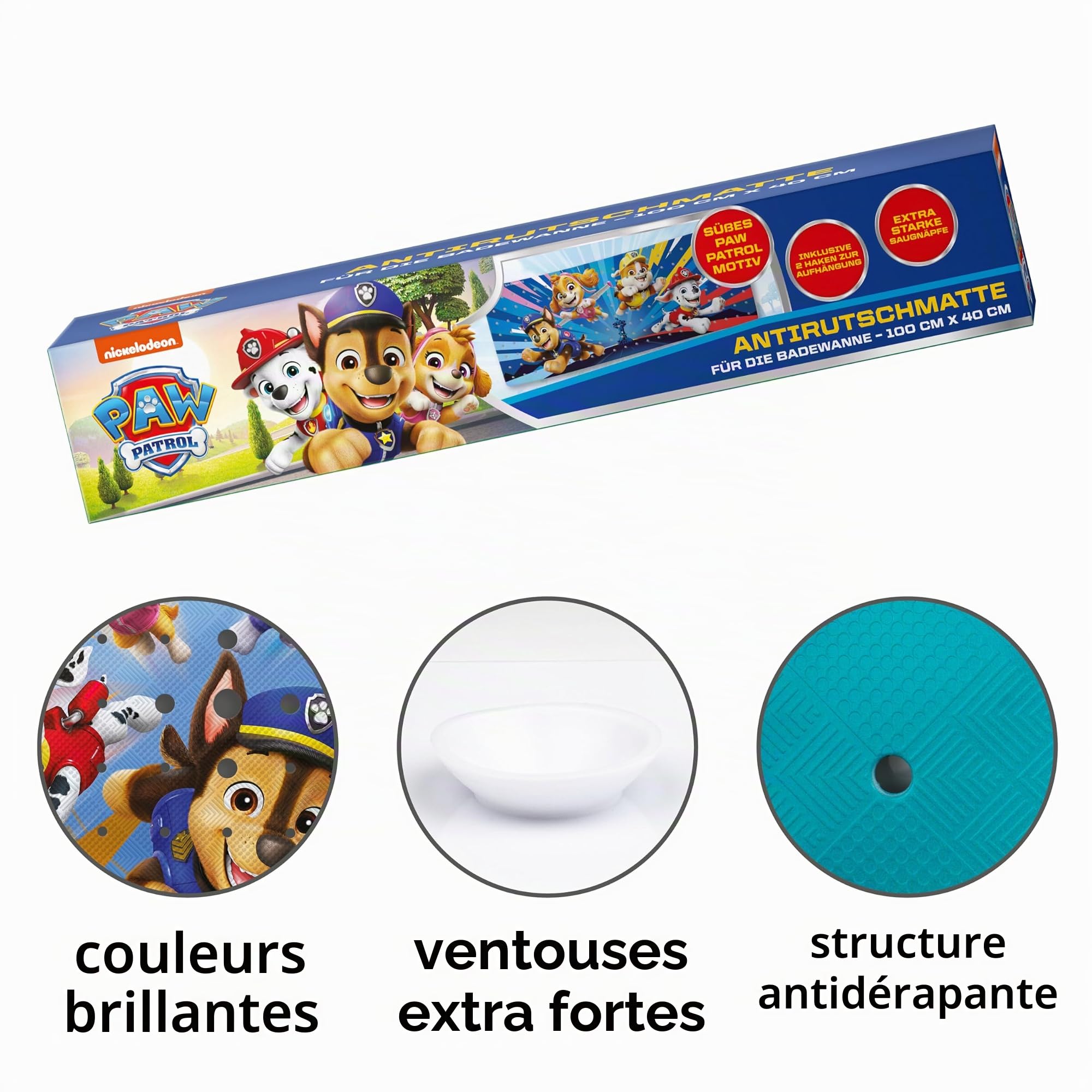 PAW Patrol Tapis de bain antidérapant pour enfants - Anti-moisissure, antibactérien, avec ventouses, crochets et trous de drainage, 100x40cm