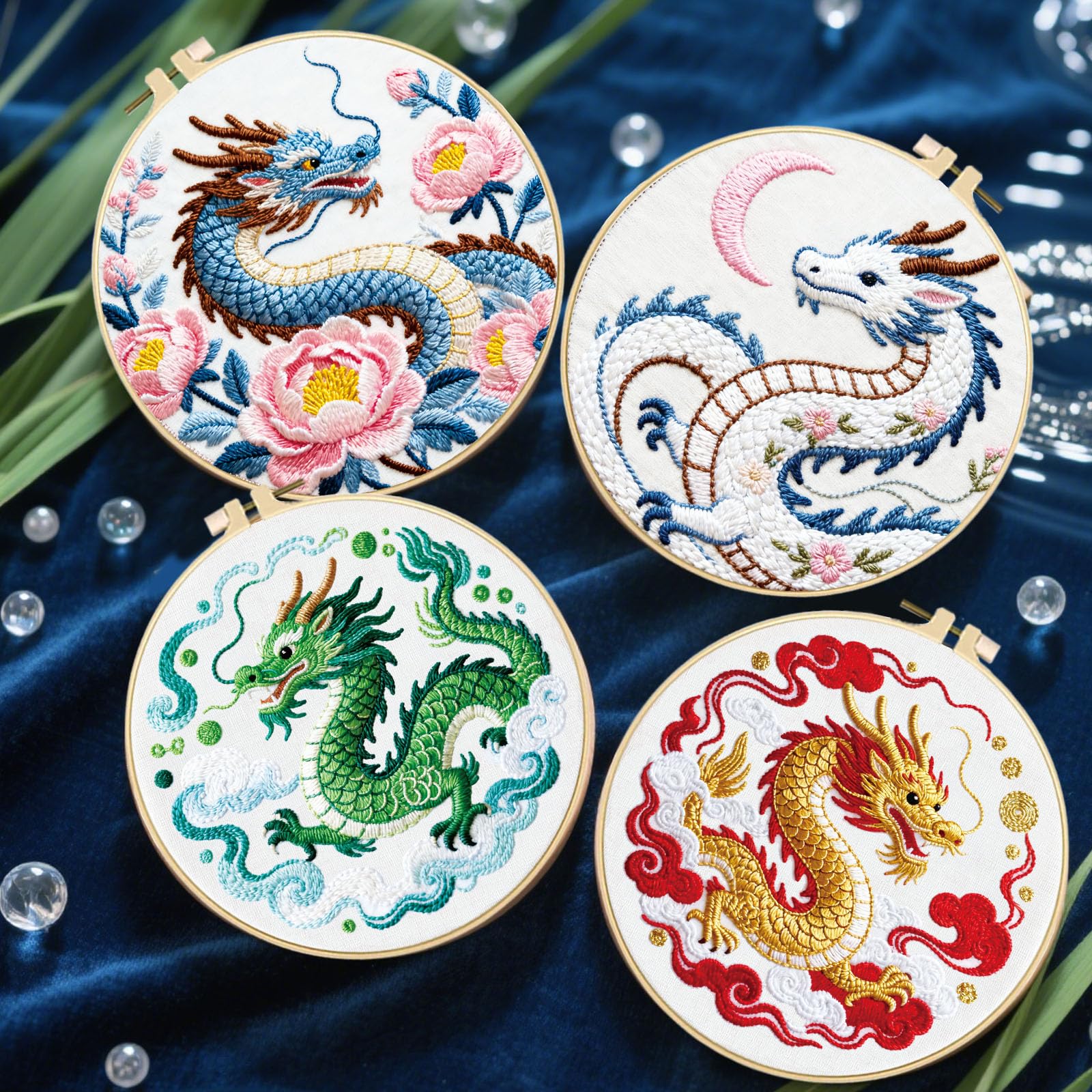 FREEBLOSS 4 Set Stickset Für Anfänger Nadelspitzen Drachen Und Wolkenmotiv Vorgedrucktes Stickset Starterset Mit Anleitung Nadeln Fäden 2 Reifen 11.6"/29.5cm