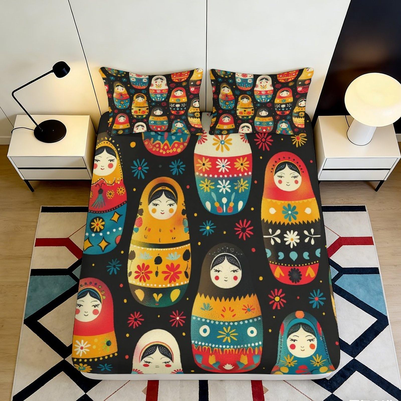 3D Printed Matryoshka Doll Fitted Sheet Microfiber Floral Russian Nesting Bed Cover for Bedroom Guest Room Decor 160x200x25cm