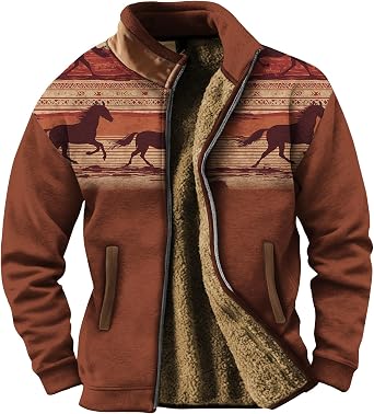 Western Fleece Jacket Men Aztec Cowboy Vintage Print Coat Full Zipper Western Fall Winter Jacket Casual Warm Soft