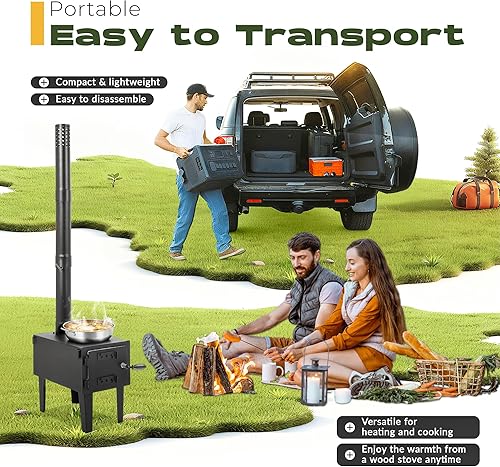Miniatura 5 de HECASA Estufa de leña Estufa de camping para cocinar al aire libre, pesca, senderismo, viajes, calentador portátil con tubos de chimenea