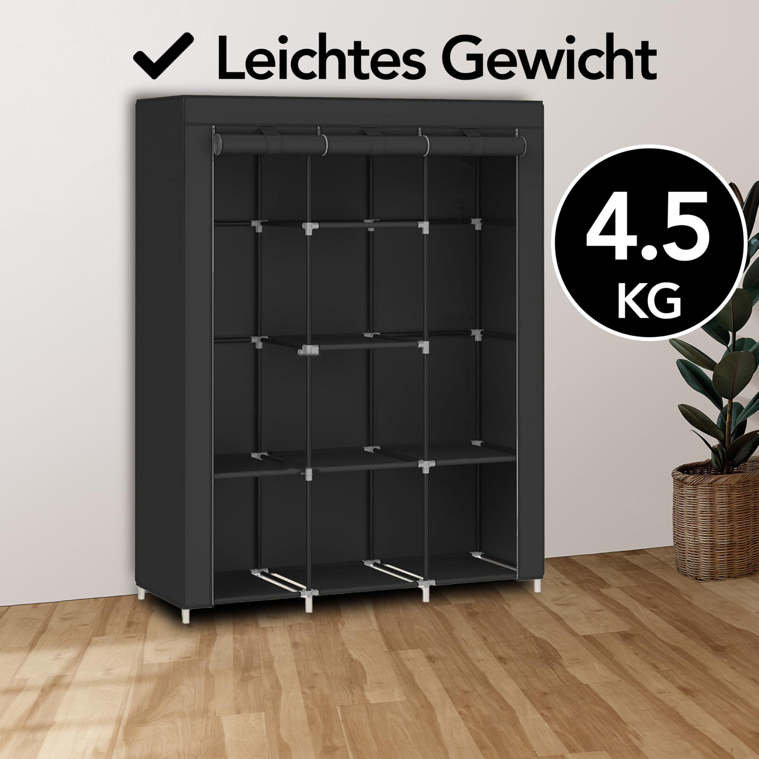 Brixy XXL Stoff Kleiderschrank faltbar, Garderobenschrank mit Reißverschluss, 175 x 170 x 45 cm, Schwarz