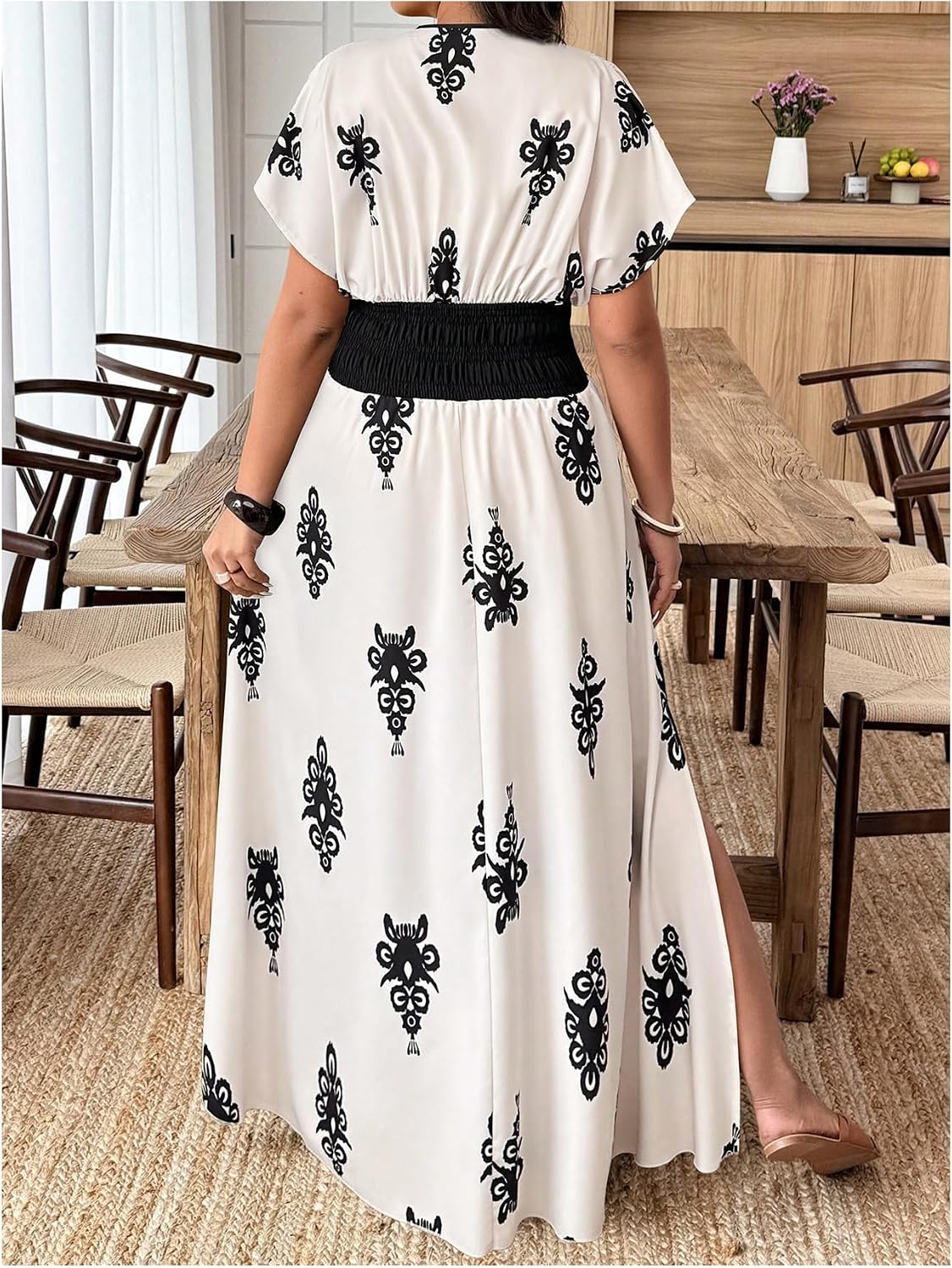 SOLY HUX Women's Plus Size Dress Summer Graphic Print Deep V Neck Short Sleeve Split A Line Flowy Long Maxi Dresses