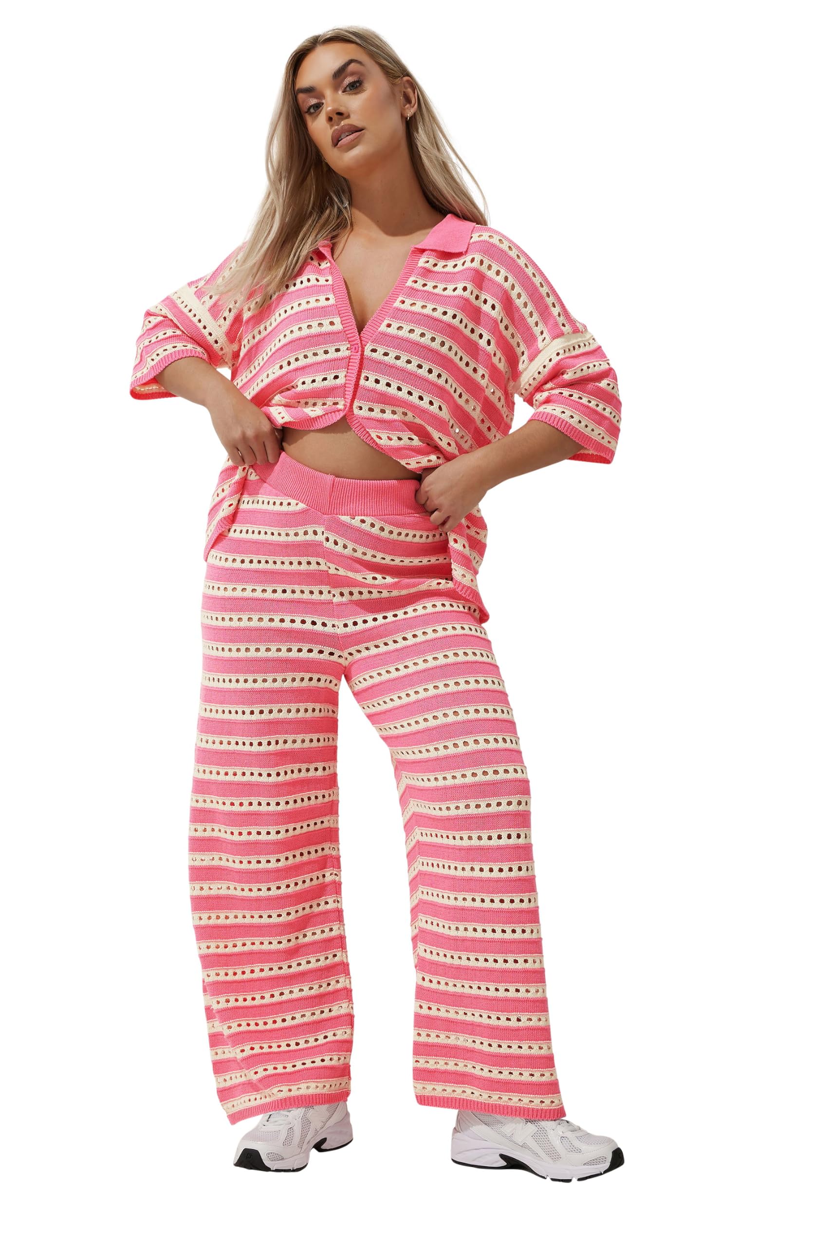 Yours Women's Pink Limited Collection Curve & White Stripe Crochet Wide Leg Trousers - Plus Size Curve