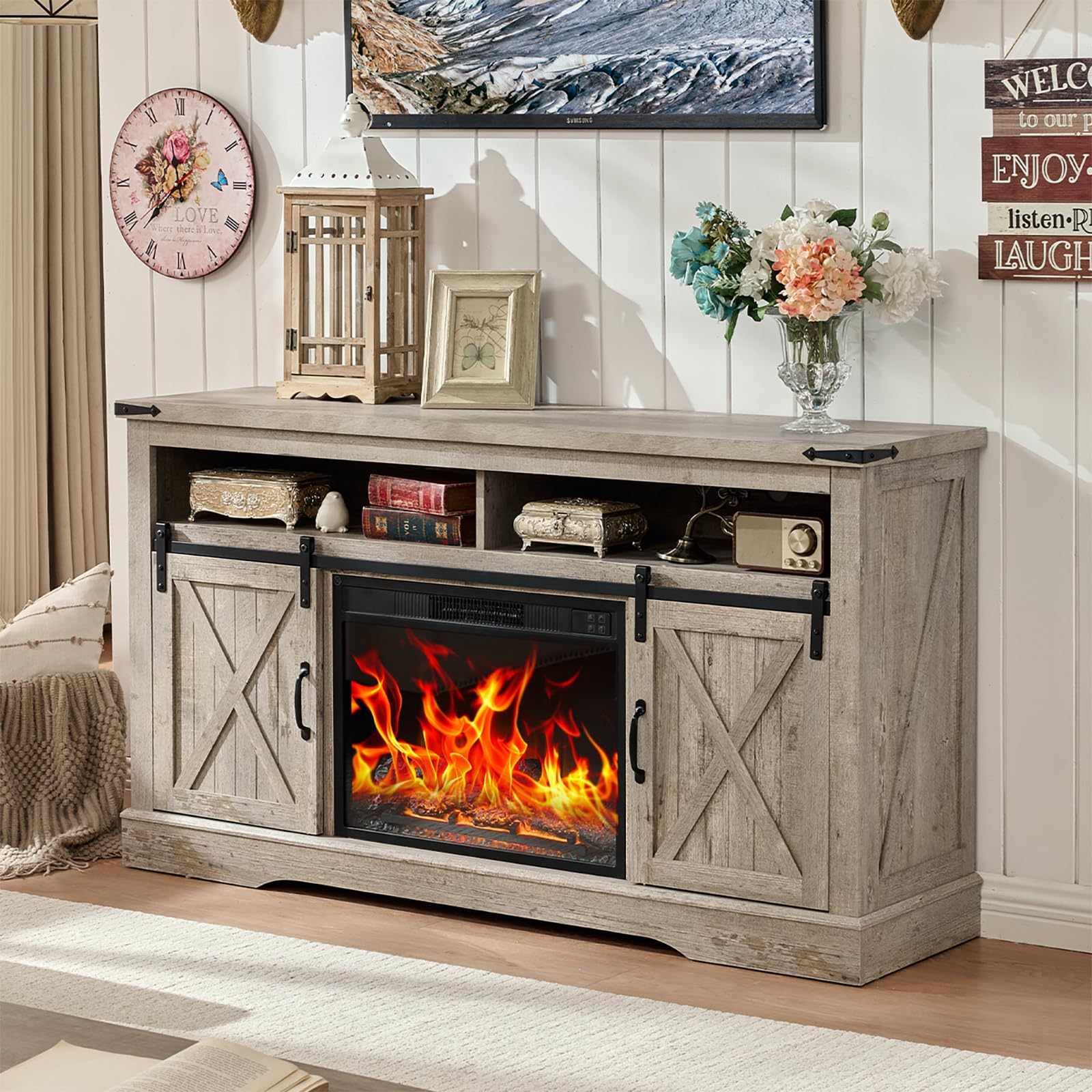 Photo 1 of **fireplace only. No cabinet**ROCKPOINT 58" Fireplace TV Stand for TV up to 65 Inch with Farmhouse Sliding Barn Doors, Highboy Entertainment Center with Storage Cabinet, 23" Electric Fireplace with Remote, Grey