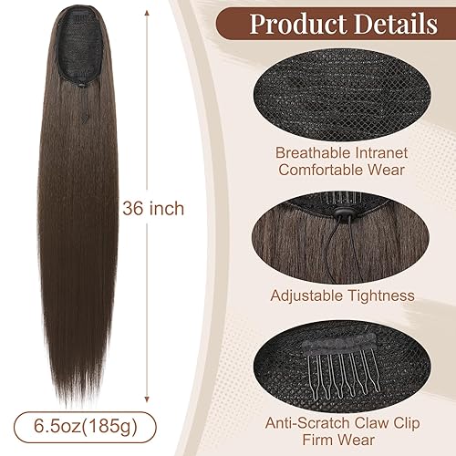 Miniatura 10 de FLUFYMOOZ Extensión de cola de caballo, 36 pulgadas de largo, lacio, con cordón, de alta calidad, extensiones de pelo sintético de alta calidad,