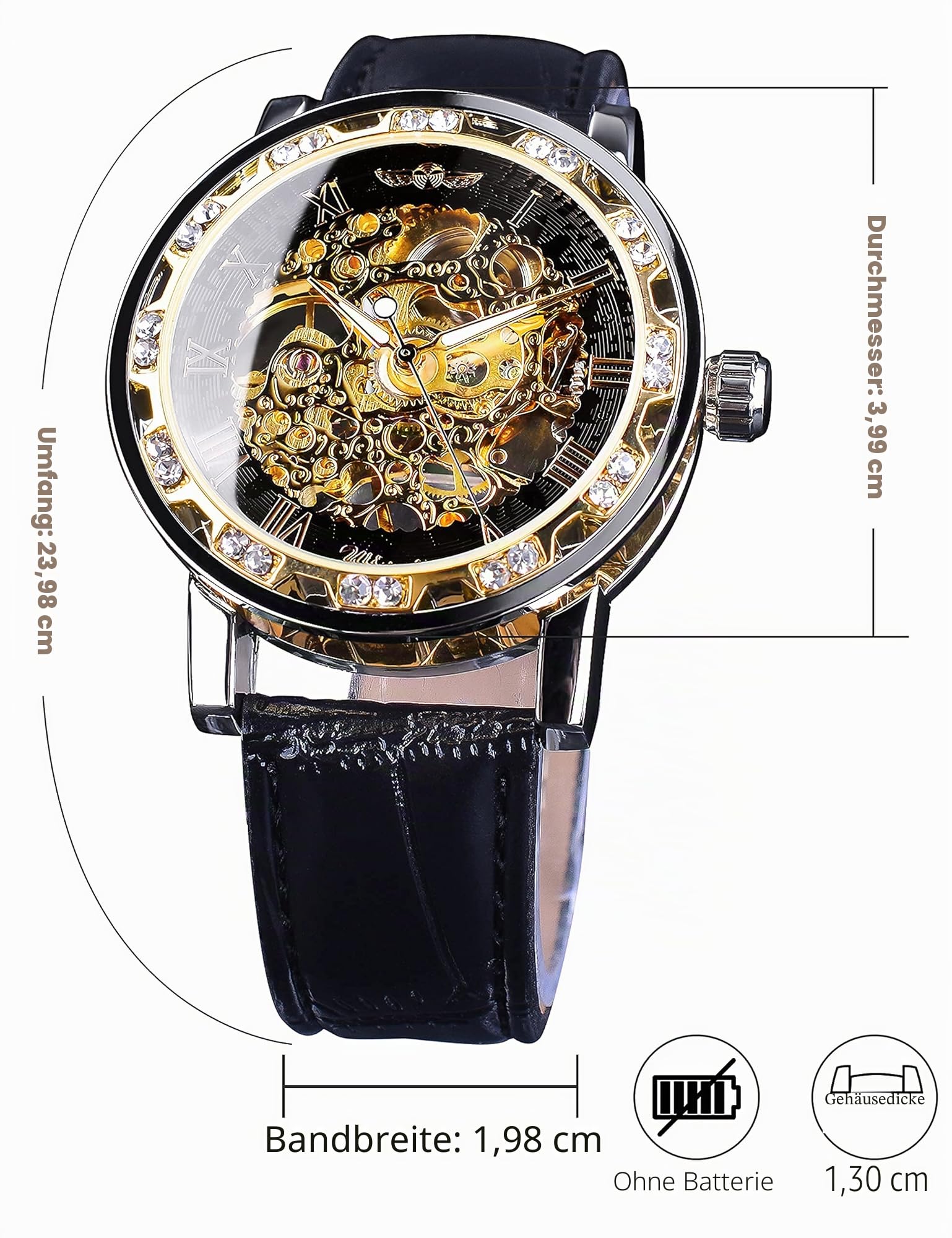 FORSINING Gewinner Retro Manuelle mechanische Skelett Uhr mit Diamantschnitzen Blume Handwerk Männer Armbanduhr Klassische römische Zahl, Schwarze Goldfarbe