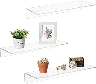 MyGift 17-Inch Clear Acrylic Floating Shelves - Wall Mounted Modern Crystal Display Shelf Racks, Set of 3