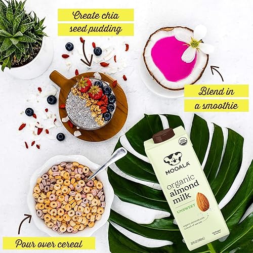 Vista 10 de Mooala – Leche de almendras orgánica en grano de vainilla, sin azúcar, 1 litro (paquete de 6) – Bebida estable en estantes, no lácteos, sin gluten