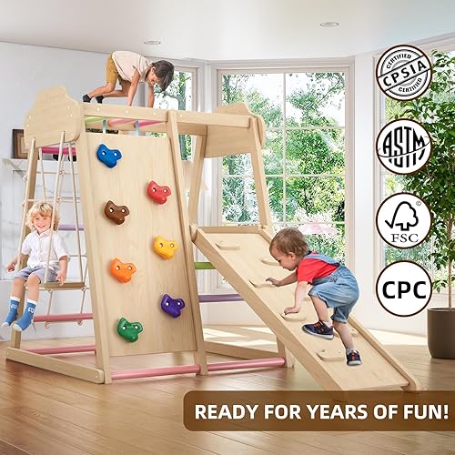 Miniatura 8 de Zona de juegos interior para niños, 8 en 1, gimnasio de la selva para niños pequeños con tobogán, escalera doble, columpio, red de escalada,