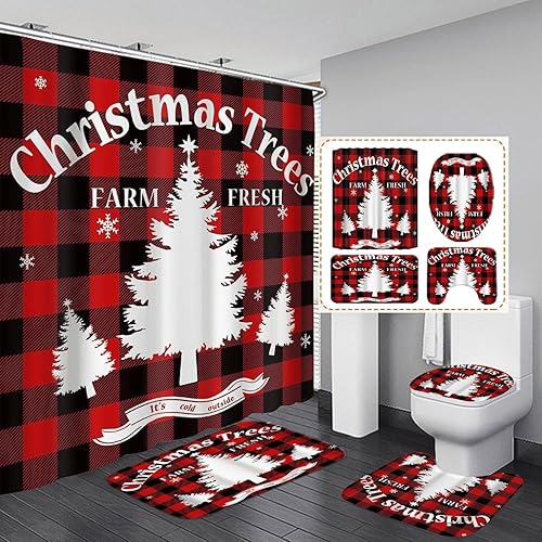 flowerlove Juego de cortinas de ducha de Navidad con alfombras para baño, 4 piezas de tela duradera y ganchos para baño de rejilla roja y negra,