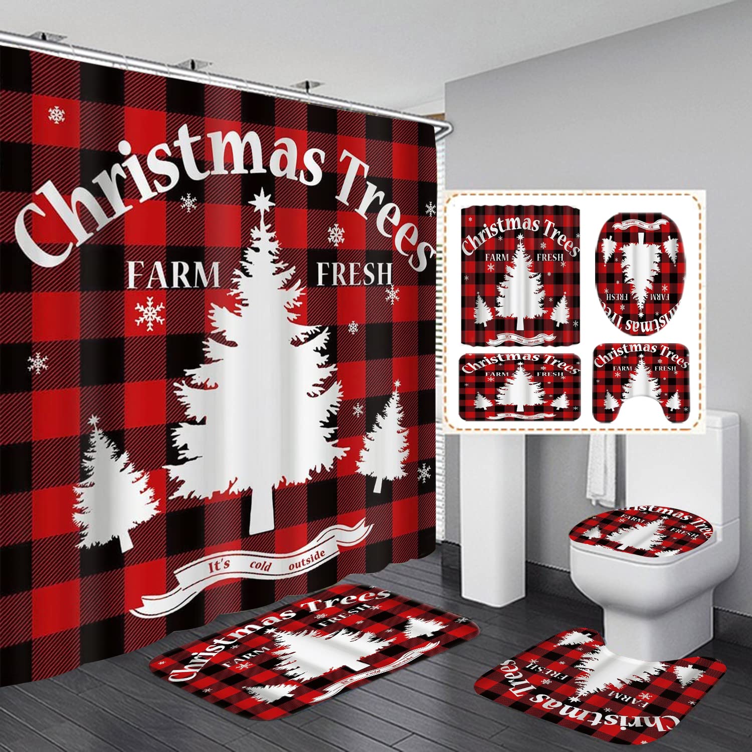 Christmas Shower Curtain Sets with Rugs for Bathroom,4 Pcs Red&Black Grid Bathroom Sets with Durable Fabric Shower Curtain Sets and Hooks, Xmas Full Set Curtains for Bathroom Decor